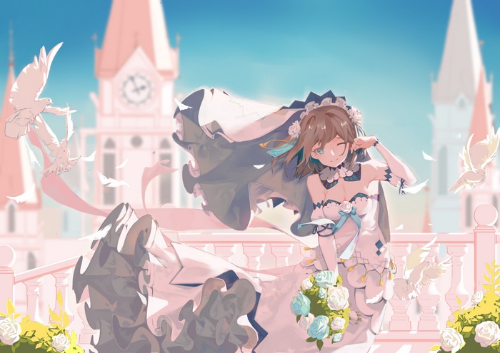 Girl in wedding dress with doves and castle