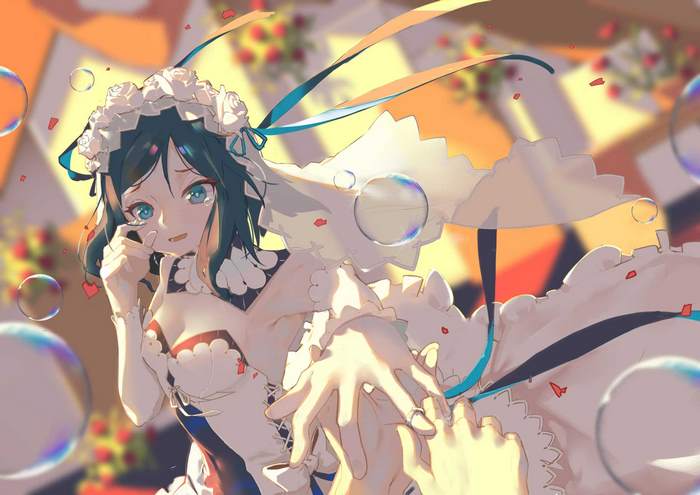 Anime girl in wedding dress crying