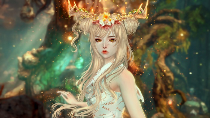 Fantasy woman with blonde hair and antlers