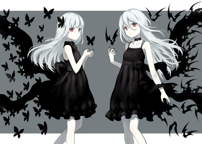 Two girls with white hair and red eyes in black dresses
