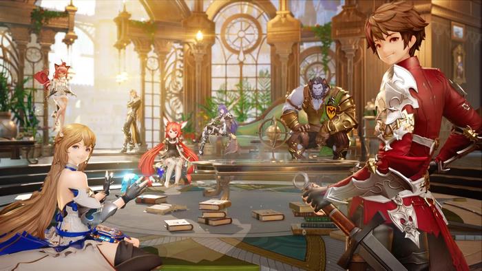 Characters in a grand hall in Gran Saga