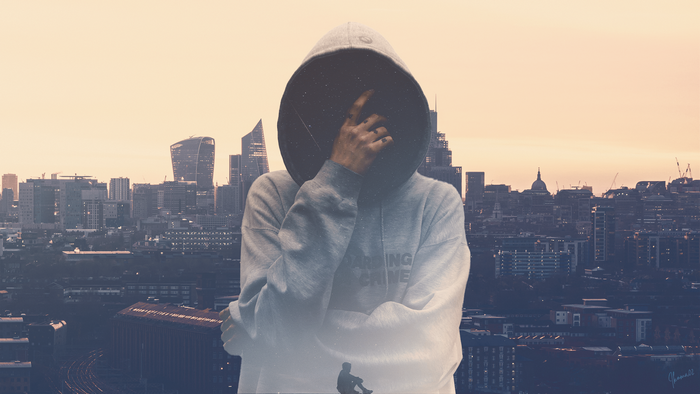 Person in hoodie superimposed on London cityscape