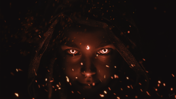 Surreal portrait of a person with fiery eyes and embers