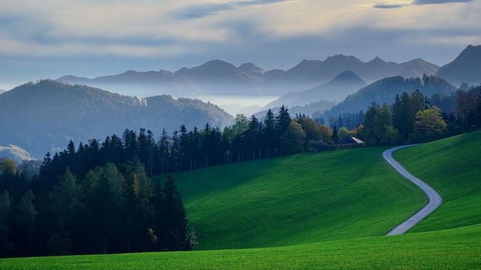Foggy Mountains and Winding Road in Fall