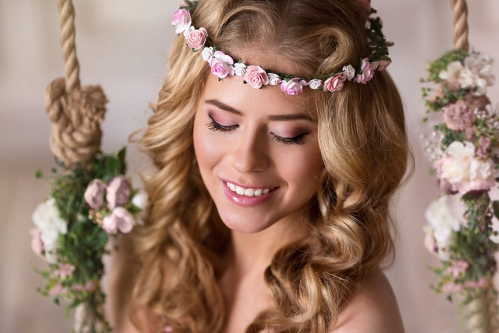 Woman with Flower Wreath and Makeup