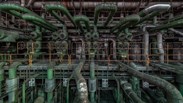 Abandoned Factory with Green Pipes and Valves 4K