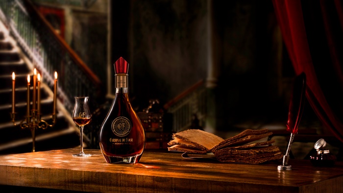 Cardinal de Four Armagnac bottle and glass