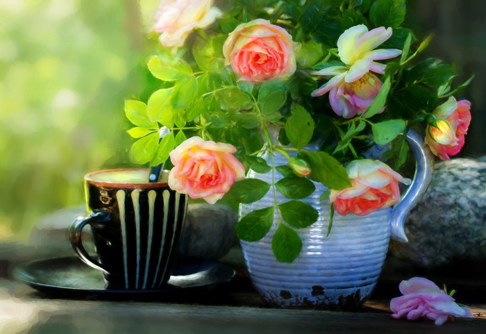 Still life with roses and coffee cup