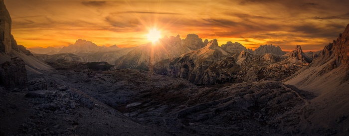 Panorama of Dolomites Mountains at Sunset