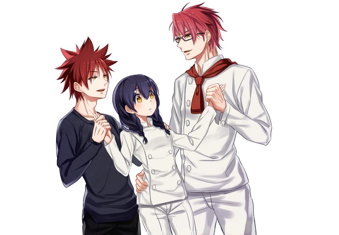Sōma Yukihira, Megumi Tadokoro, and Kojirō Shinomiya from Food Wars!