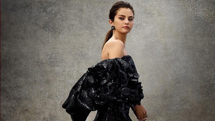 Selena Gomez in a black sequined dress