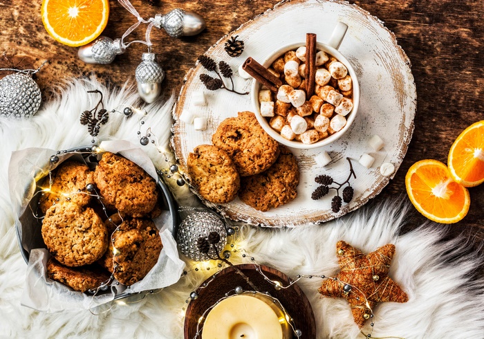 Still Life 4K with Cookies, Hot Chocolate, Orange, and Candle