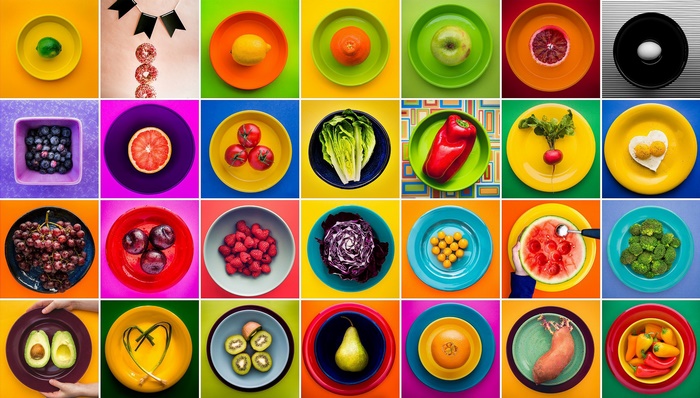 Colorful plates of fruits and vegetables
