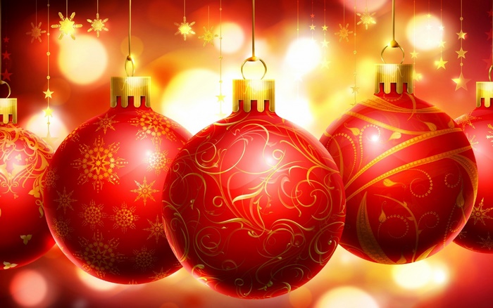 Red Christmas baubles with gold patterns