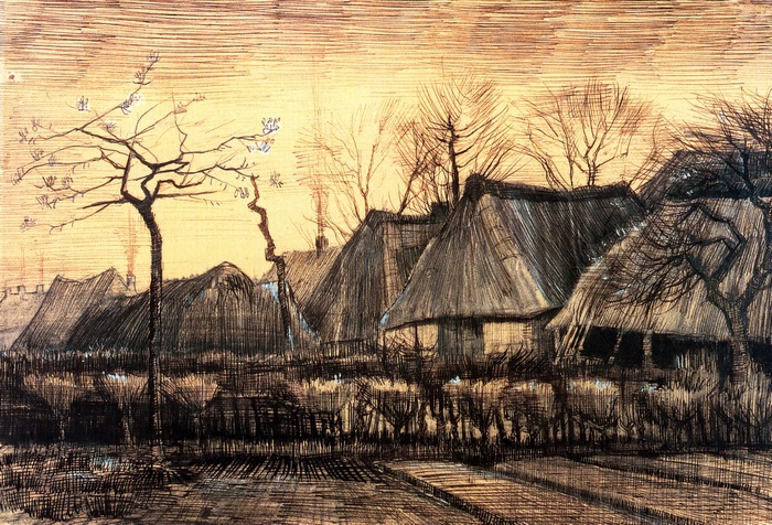 Houses with Thatched Roofs and Trees