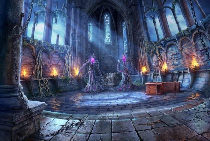 Dark creatures in a ruined stone chamber