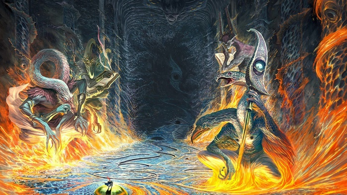 Two monstrous creatures in a fiery cave
