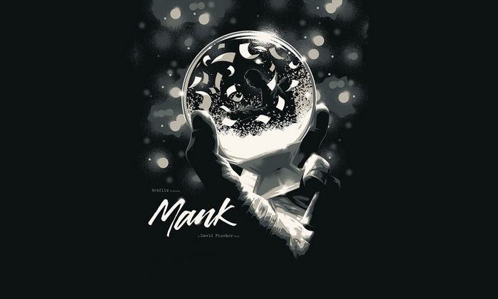 Mank movie poster with a hand holding a snow globe