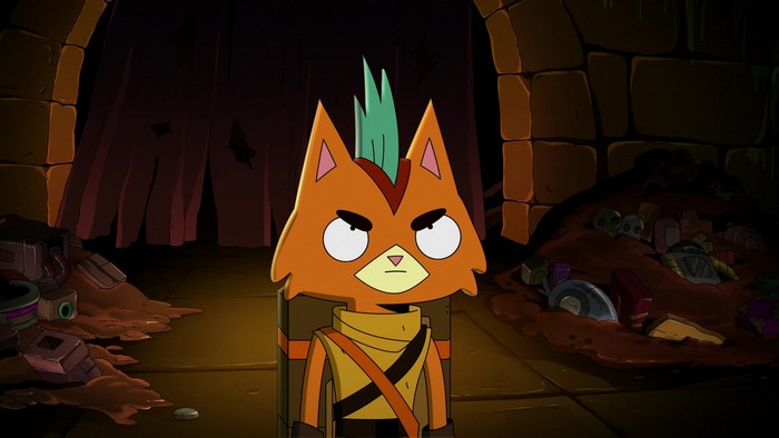 Little Cato from Final Space in a dark room