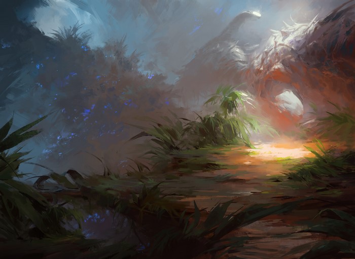 Mysterious cave entrance with glowing light and jungle foliage