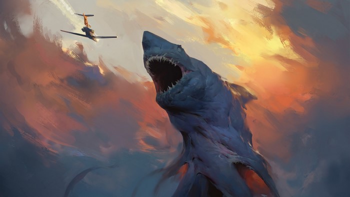 Giant Shark Attacks Aircraft in Cloudy Sky