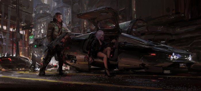 Cyberpunk couple with futuristic car in city
