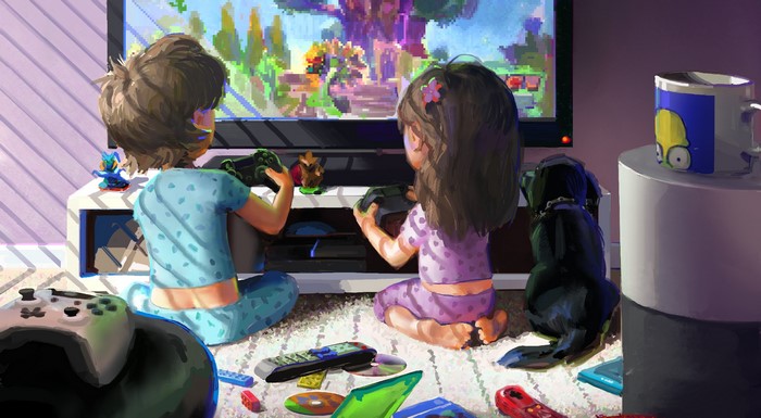 Children playing video games with a dog