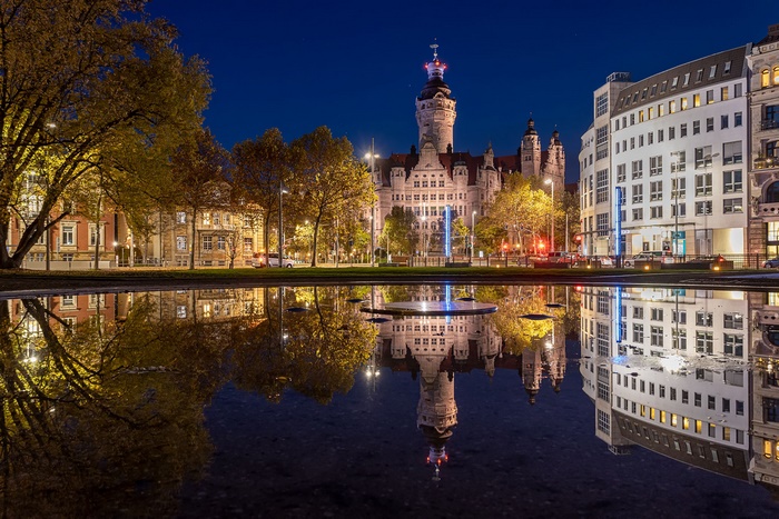 New City Hall Leipzig reflection at night