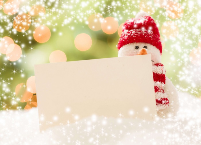 Snowman holding a blank sign with Christmas lights