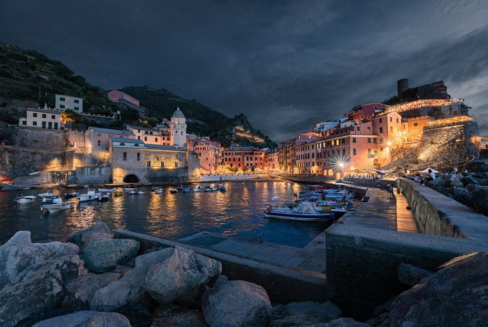 Vernazza, Italy Harbor at Dusk with Boats