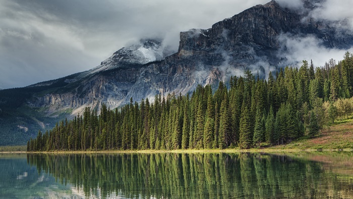 Mountain and Fir Trees Reflected in Lake, Canada 4K