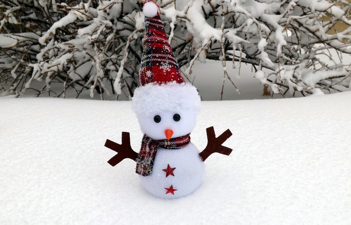 Snowman toy with Christmas hat and scarf in snow
