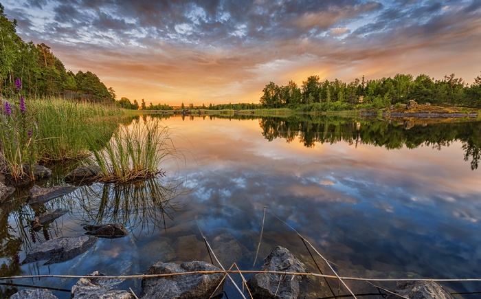 Lake at Dawn with Colorful Sky and Reflections
