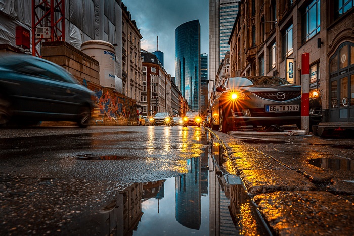 Cars on a wet street in Frankfurt, Germany