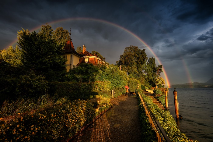 House by the lake with a rainbow and a dog