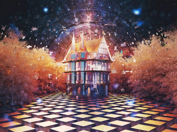 Surreal house on a chessboard in a cosmic landscape