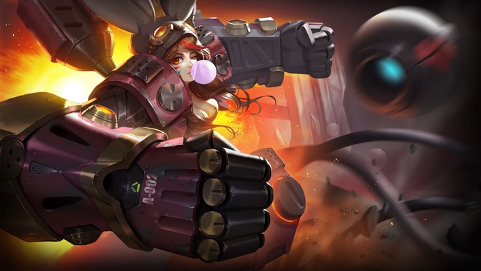 Woman in mecha suit with bubblegum
