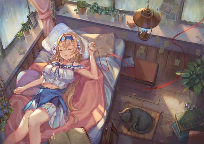 Girl Sleeping with Cat and Red String