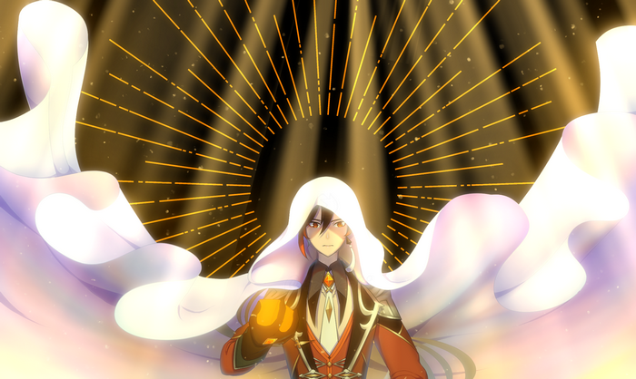 Zhongli from Genshin Impact with white cloak