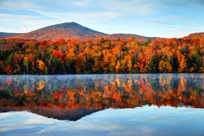 Autumn foliage reflected in a lake with a mountain backdrop