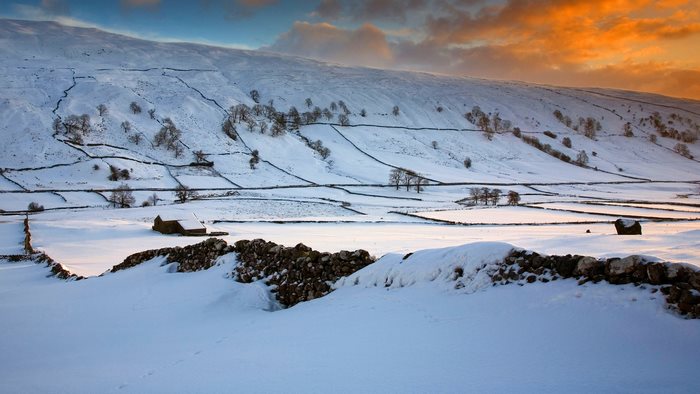 Snow covered fields with stone walls and a barn
