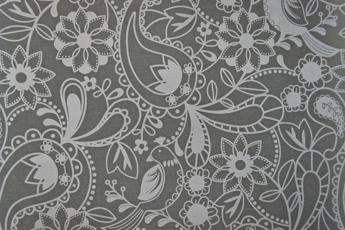 White paisley and floral pattern on gray background