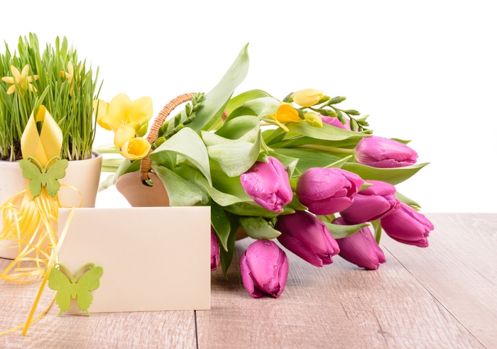 Tulip bouquet with potted grass and card