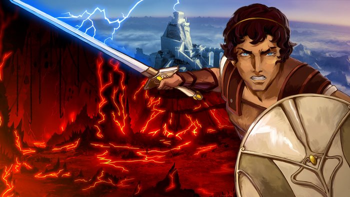 Man with sword and shield in front of hellscape and castle
