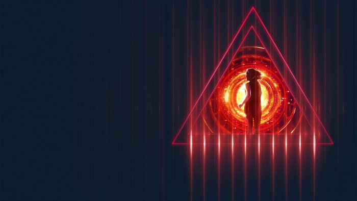 Woman silhouetted in a glowing triangle portal