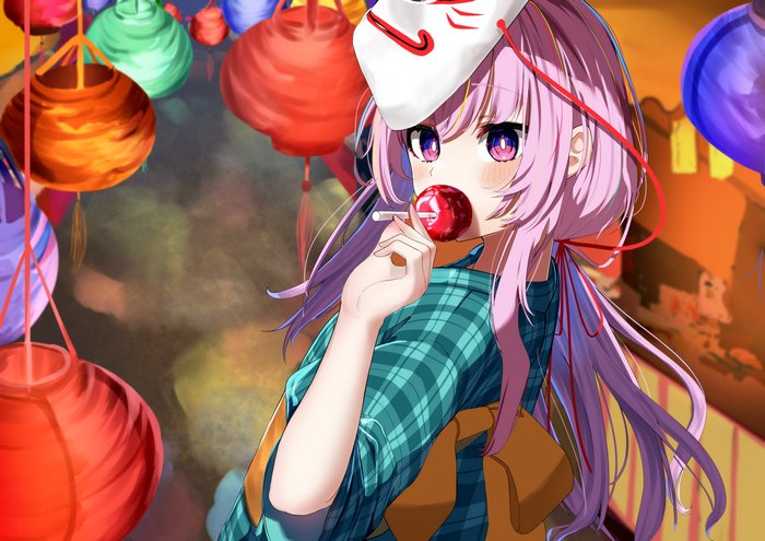 Hata no Kokoro from Touhou Project wearing a mask and yukata