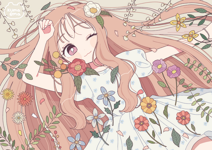 Anime Girl with Long Brown Hair and Flowers