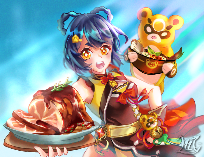 Xiangling and Guoba from Genshin Impact with food