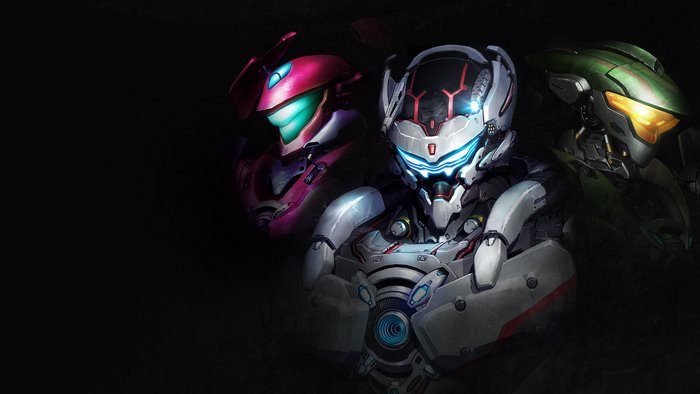 Three armored figures in a dark background