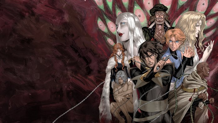 Castlevania characters: Trevor Belmont, Alucard, Sypha, and Camilla